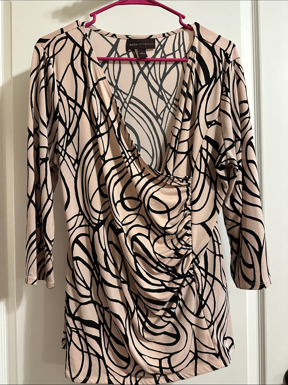 Dana Buchman Beige Top with Black Abstract Swirl Print